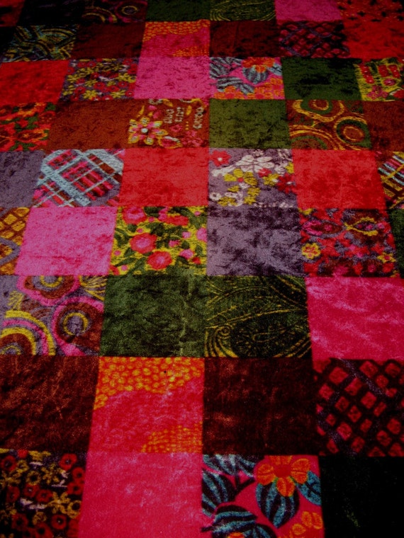 AMAZING Vintage 70s Velour Patchwork Fabric Yardage