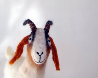 Felt Goat - Grethe. Boer Goat, Art Marionette, Puppet, Stuffed Animals, Felted soft plush Toy for kids. white brown reddish orange