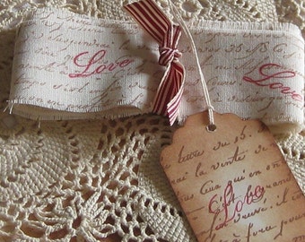 Hand Cut, Fringed and Stamped Muslin Ribbon with French Script and Love