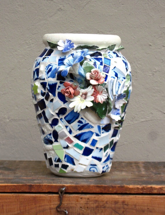 Items similar to Blue Mosaic Art Flower Vase Shabby Chic on Etsy