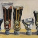 The Line Up, modern original still life, oil on canvas, in 12 x 16 mat