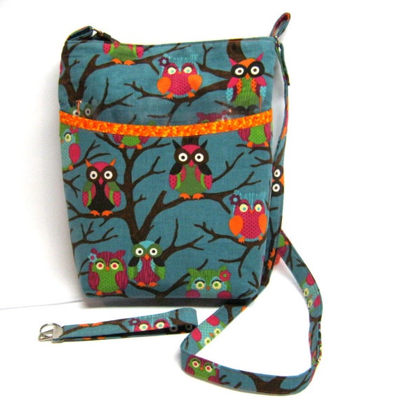 Dog Walking Bag Owl Corduroy Print in Teal Brown Orange and