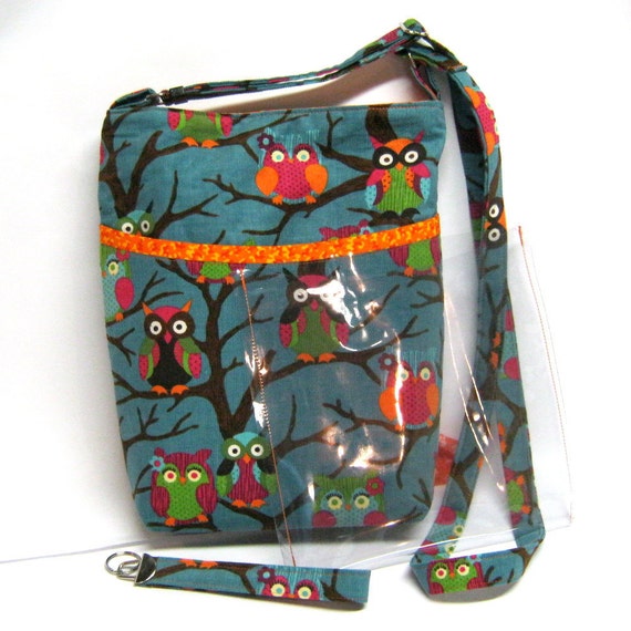 Dog Walking Bag Owl Corduroy Print in Teal Brown Orange and