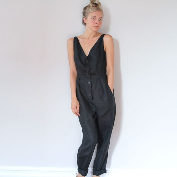 80s Linen Jumpsuit // Donna Karan Black Linen Jumpsuit Criss