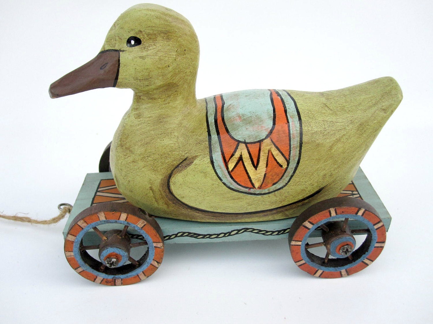 Duck Pull Toy Wood Duck on Wheels Green Blue Red