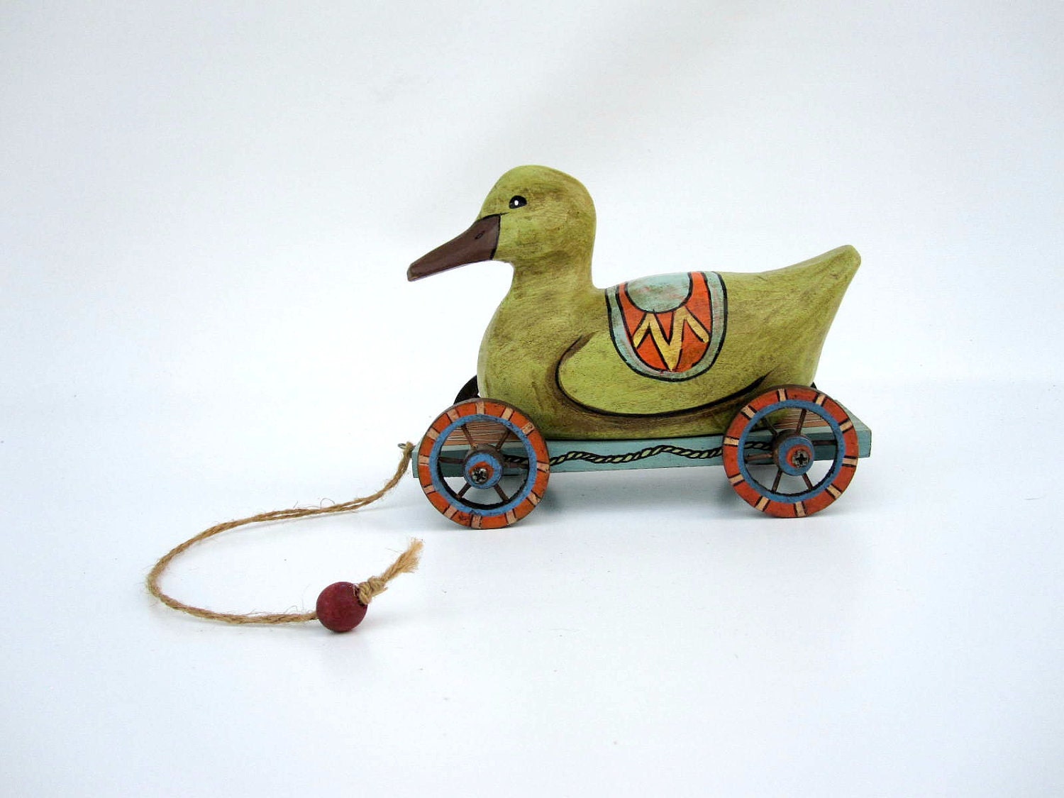 Duck Pull Toy Wood Duck on Wheels Green Blue Red