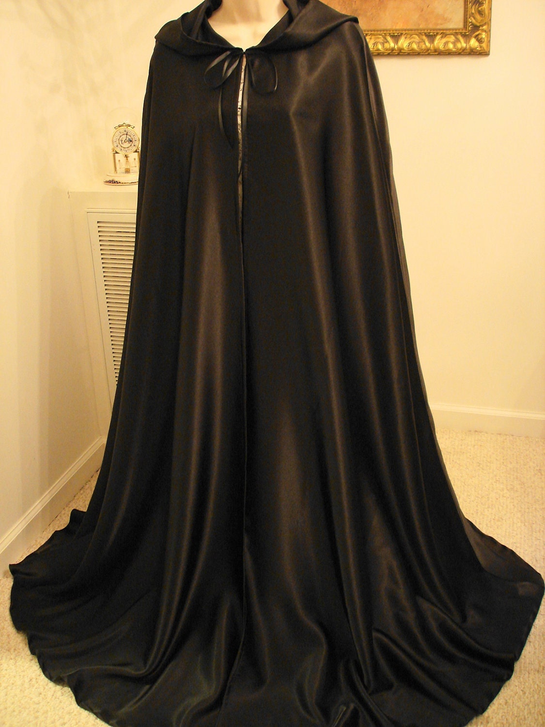 Black Satin Hooded Cape Cloak Long Adult M