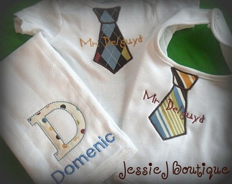 Personalized Baby Boy Gift Set Including Bib Bodysuit and Burp Cloth