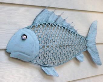 Nautical Wall Decor Metal Fish with Aqua by ByTheSeashoreDecor