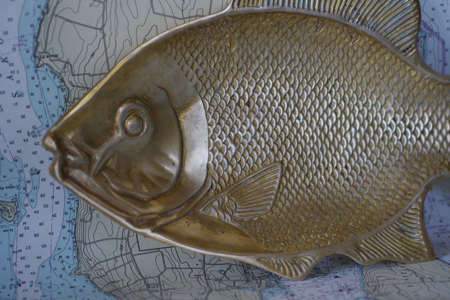 Beach Decor Vintage Brass Fish Plate / Platter