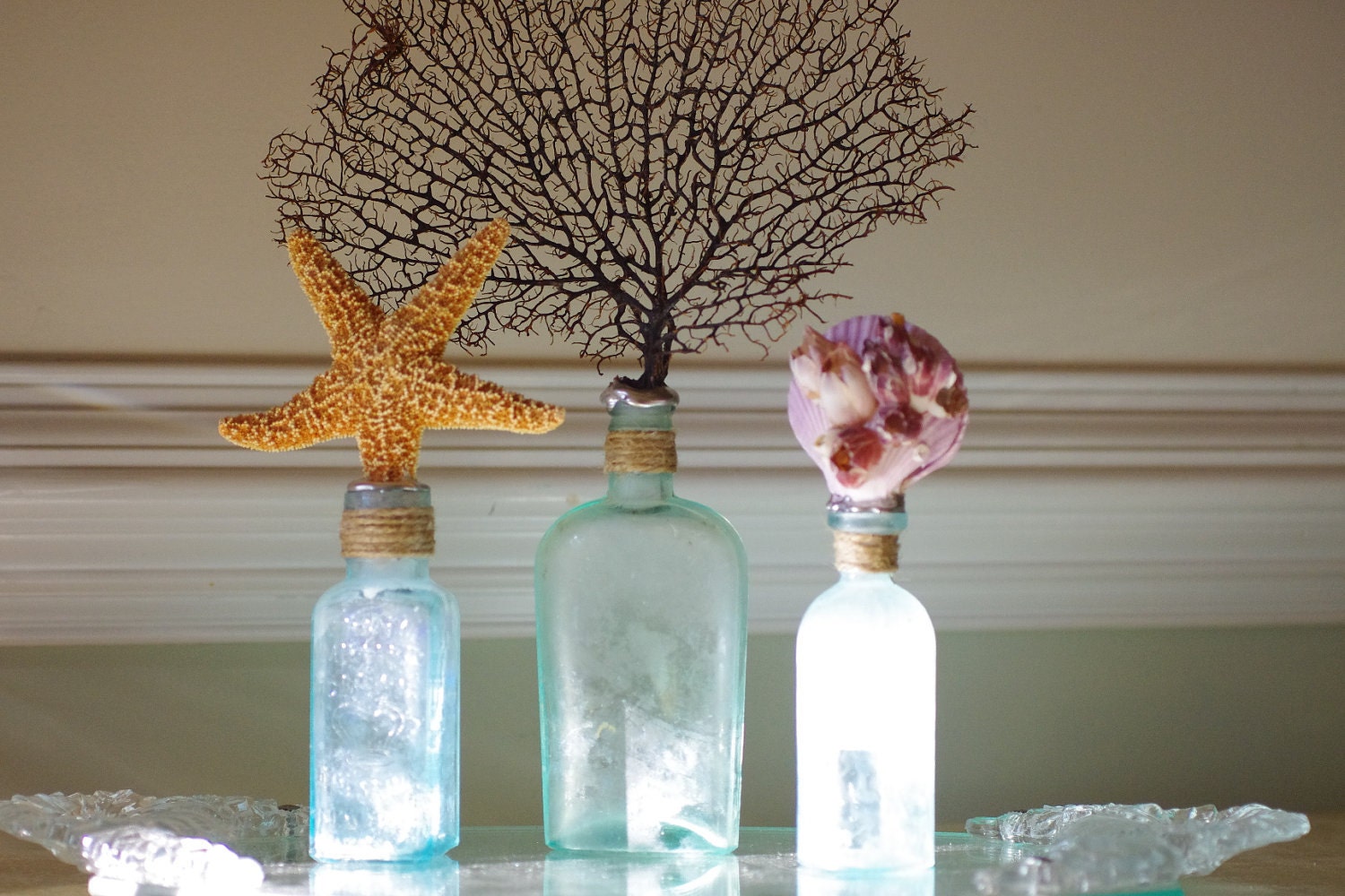 Beach Decor Set of 3 Vintage Aqua Glass Bottles with Shell Art