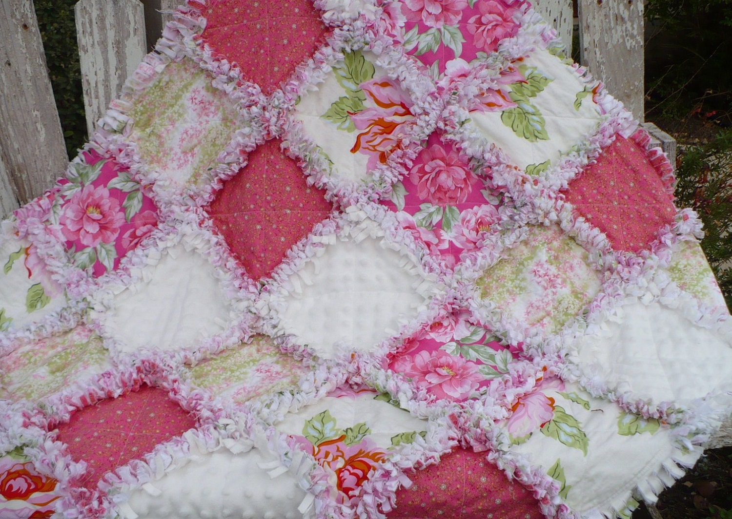 Baby Girl Rag Quilt Pink and White Shabby and Sweet Roses