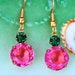 Vintage Pink Rose Tourmaline Green Rhinestone Gold Brass Dangle Earrings