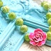 Vintage Inspired Ruffled Hot Pink White Rose on Lime Green Round Swirl Design Glass Bead Statement Necklace