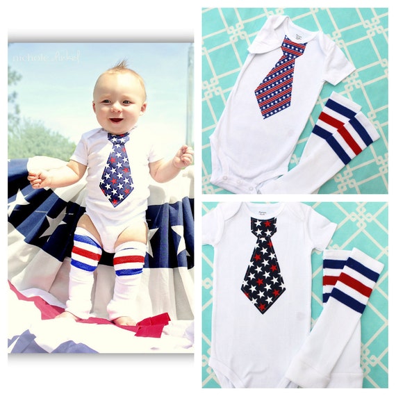 Baby Boy 4th of July, Summer Patriotic, Independence Day Welcome Home Daddy. Tie Bodysuit & Leg Warmers SET. by ChicCoutureBoutique