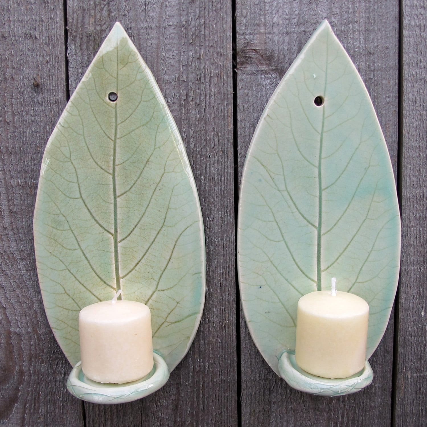Handbuilt Hosta Leaf Clay/Pottery Wall Hanging Candle Sconces