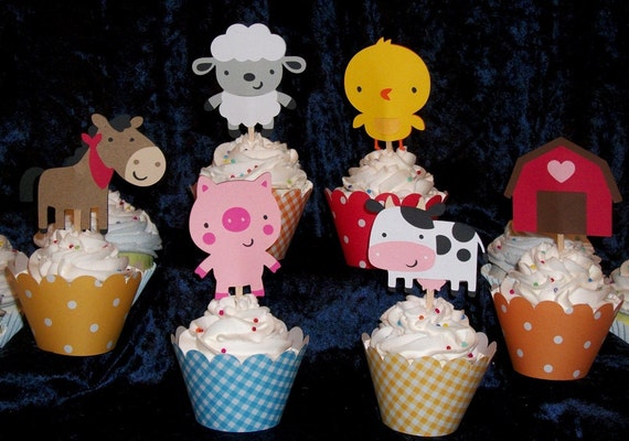 SMALL SET Down on the Farm Barnyard Cupcake Toppers ...YoU CHOOSE between 9 to 24 toppers with same shipping horse pig cow lamb barn chick Il_570xn