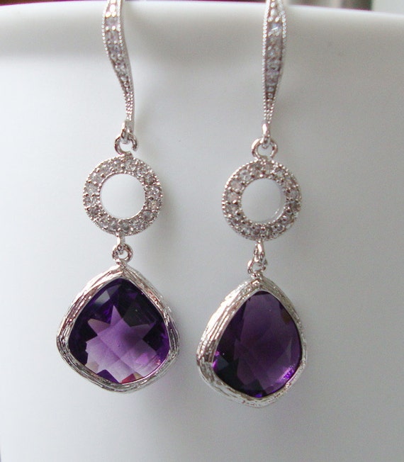 Purple dangle earrings / Wedding jewelry / Amethyst glass drop and ...