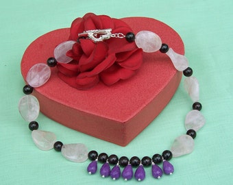 Rose Quartz, Purple Jade and Garnet Necklace, Gemstone Necklace, Purple, Red and Pink Necklace, UK Seller