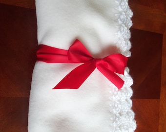 Baby Blanket - True White Fleece with White Crochet Edge
