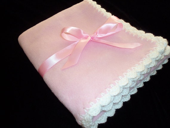 Fleece Baby Blanket with Crochet Edge Pink and White