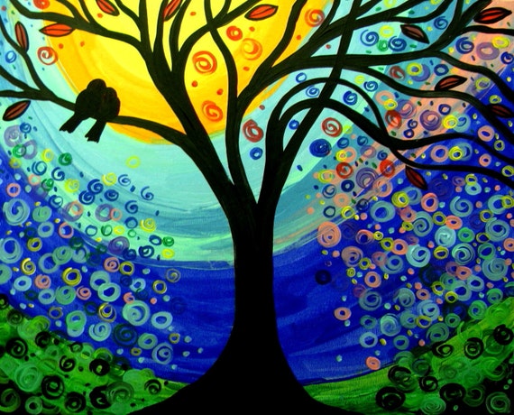 Original acrylic tree painting BIRDS 24x30 artist