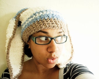 SALE Adult Size Blue Stripe Bunny Ears, Crochet Bunny Hat, Unisex Hat, Rabbit Hat, Adult Bunny Beanie, Adult Hat Costume Gift Labor Day