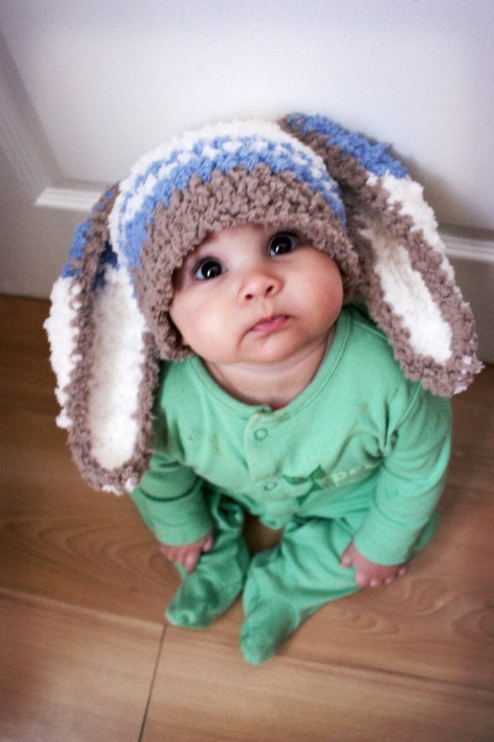 12 to 24m Baby Hat Easter Bunny Hat Baby Boy Hat Blue Stripe Bunny Beanie, Boy Toddler Hat, Brown Blue Cream Rabbit Baby Photo Prop