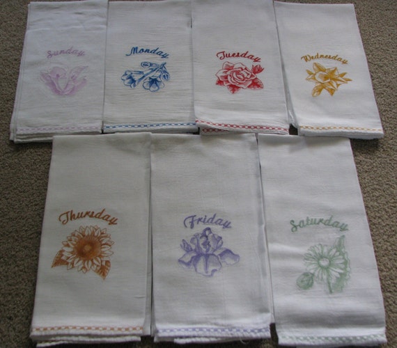 Flour Sack Dish Towels Days of the Week Machine Embroidery