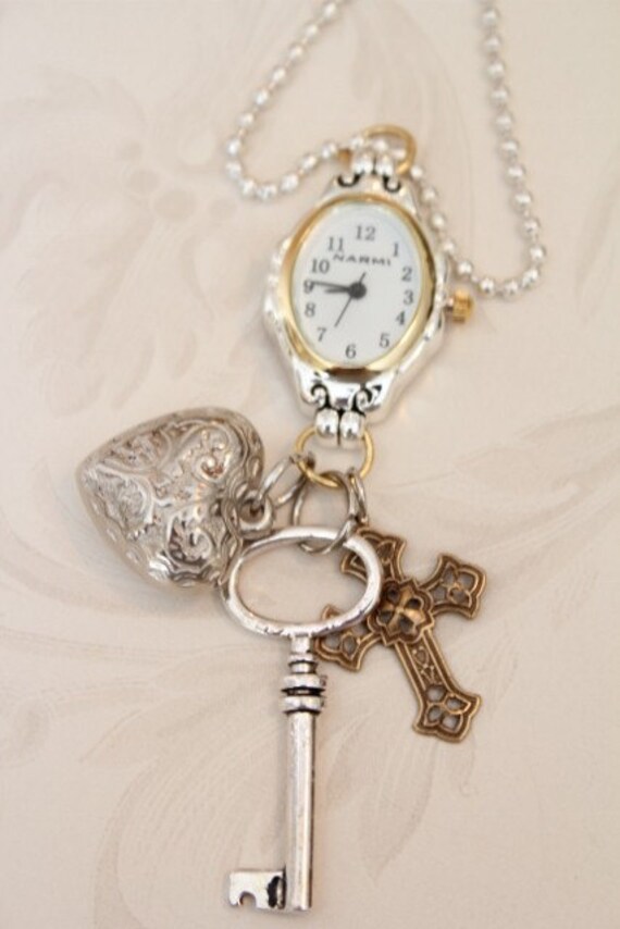 Ladies Watch Pendant Necklace with Silver Key Heart and