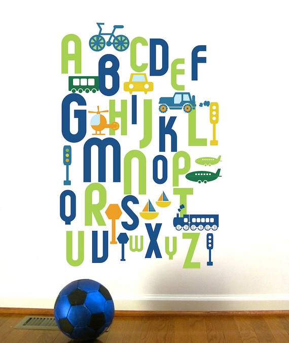 Alphabet Wall Decal for Kids, ABC Transportation, Custom color and sizes,  Reusable