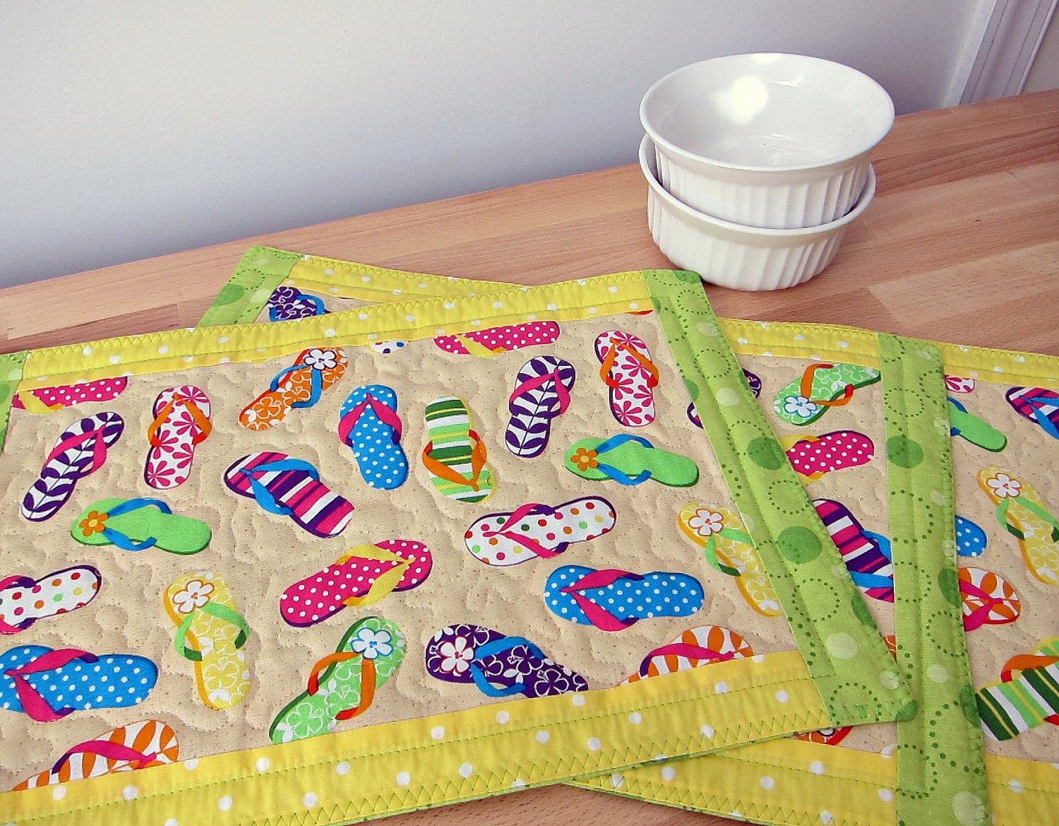 Quilted Placemats Bright Colors Summer Beach Flip Flops