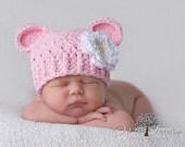 Baby Girl Hat, 6 to 12  Months Baby Girl Monkey Hat, Flapper Baby Hat, Baby Pink with White, Yellow Flower. Great for Photo Props. Baby Gift