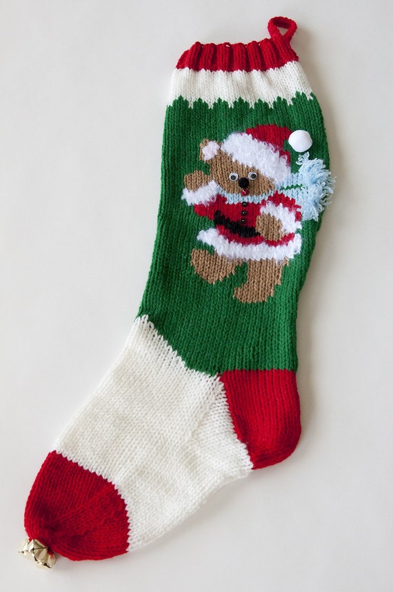 Knit Blue Teddy Bear Christmas Stocking by littlebuddydesigns
