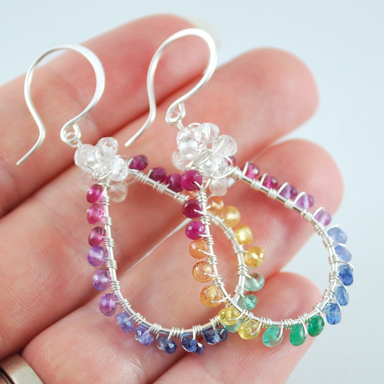 Rainbow Earrings Gemstone Wrapped Teardrops with by livjewellery