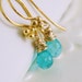 Bright Aqua Apatite Earrings, Drop, Wire Wrapped Teardrops, Genuine Gemstone, Semiprecious, Neon, Gold Filled Vermeil Jewelry, Free Shipping