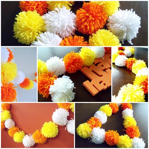 Candy Corn Yarn Pom Pom Garland for Party Decor, Banners, Buntings and Photo Props Il_570xn