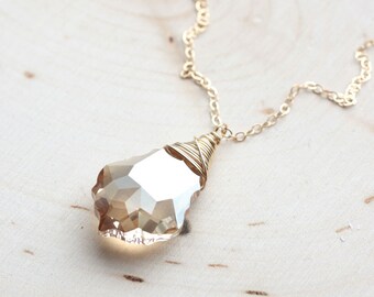 Gold Crystal Necklace, Mother of the Bride Gift, Champagne Crystal Necklace, Wire Wrapped Crystal Pendant, Bridal Jewelry, Bridesmaid Gift