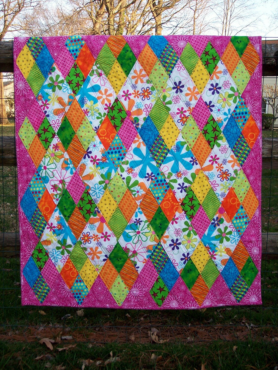 Baby Girl Flannel Quilt Pink Yellow Green by designsallaboutme