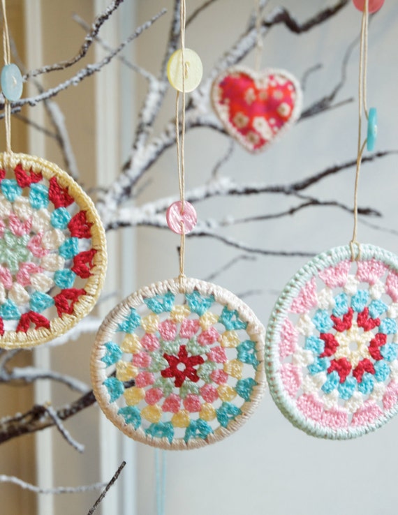 Three Crocheted Granny Circle Christmas Decorations