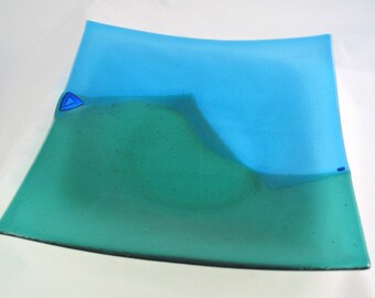 Fused Glass Bowl - Aqua and Green Zigzag