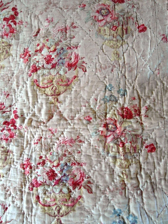 FRENCH antique boutis QUILT with Flowers URNES