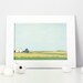 Little White Barn 5x7 art print, farmhouse landscape illustration, countryside, prairie, farm art, blue, green, fields, americana