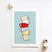 Teacups 4X6 art print, kitchen art decor, coffee cup art, illustration, teal, red, vintage inspired kitchen