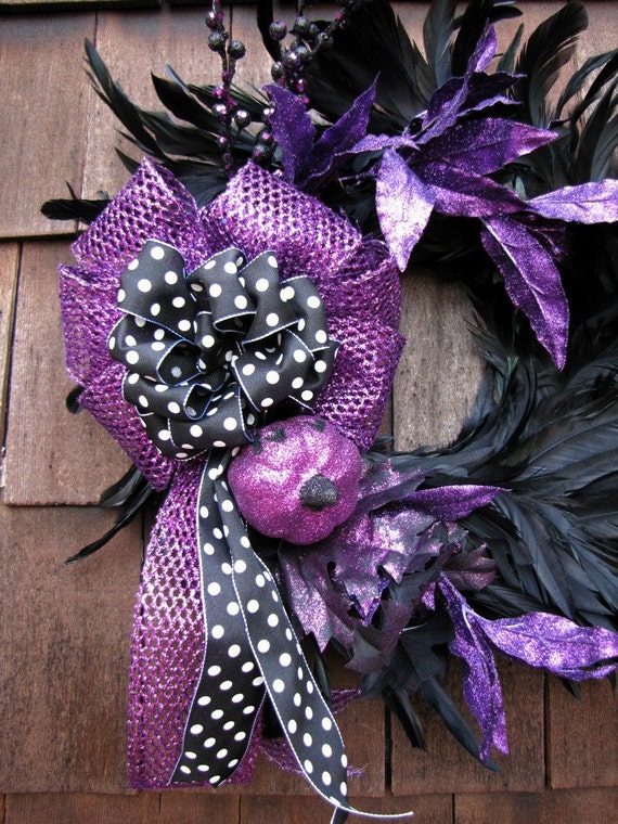 Halloween Wreath Purple And Black Halloween Feather Wreath