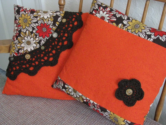 Brown & Orange Throw Pillow Covers 14X14 - Set of Two - Hand Crocheted Lace, Buttons, Floral, Retro, Stripe