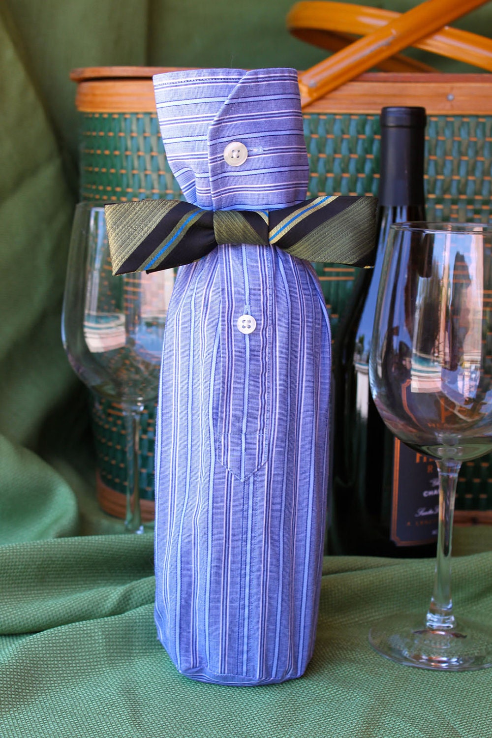 Wine Bottle Sleeve Blue White Stripes with Corporate Navy