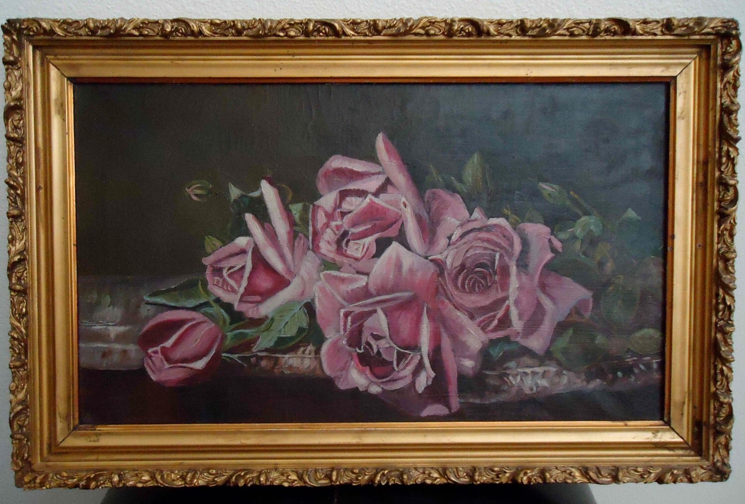 Victorian Roses Oil Painting in Gold Frame 1800's