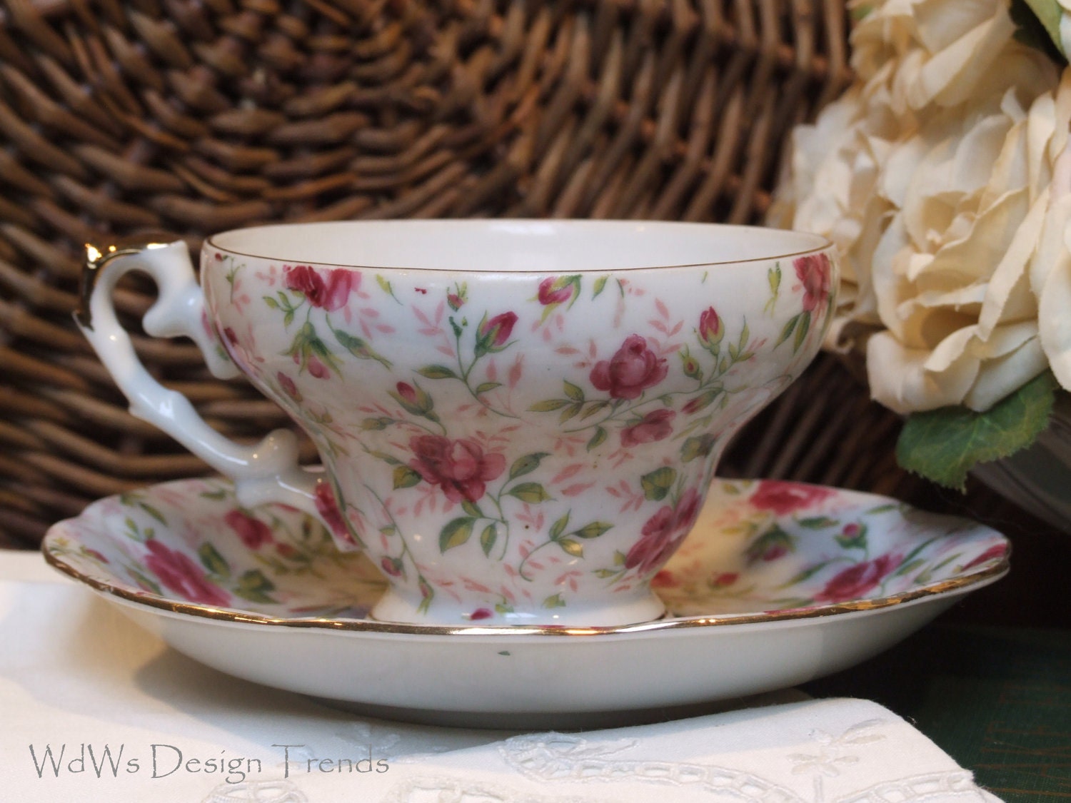Lefton China Hand Painted Rose Chintz Pattern Cup and Saucer