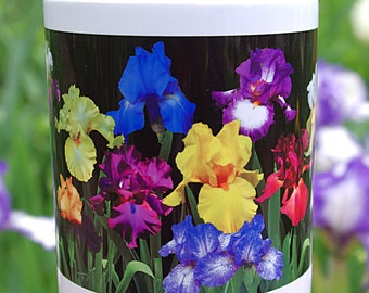 Iris Garden 11 ounce ceramic mug, floral coffee mug